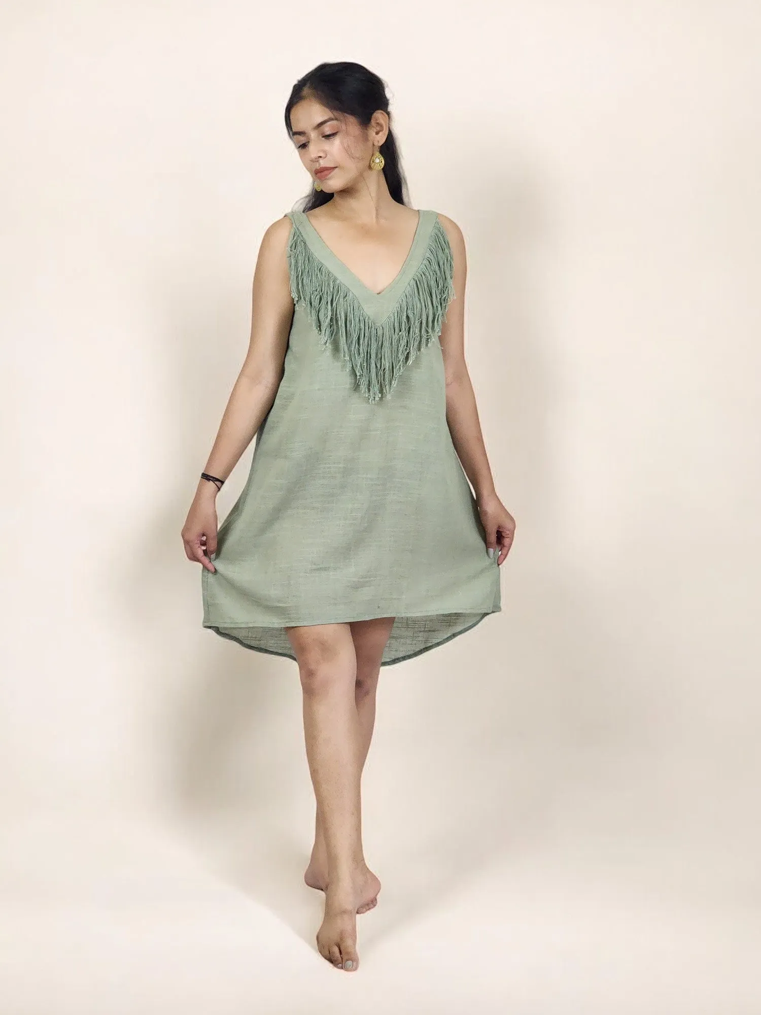 Green Sage Organic Linen Mini Dress with Fringe