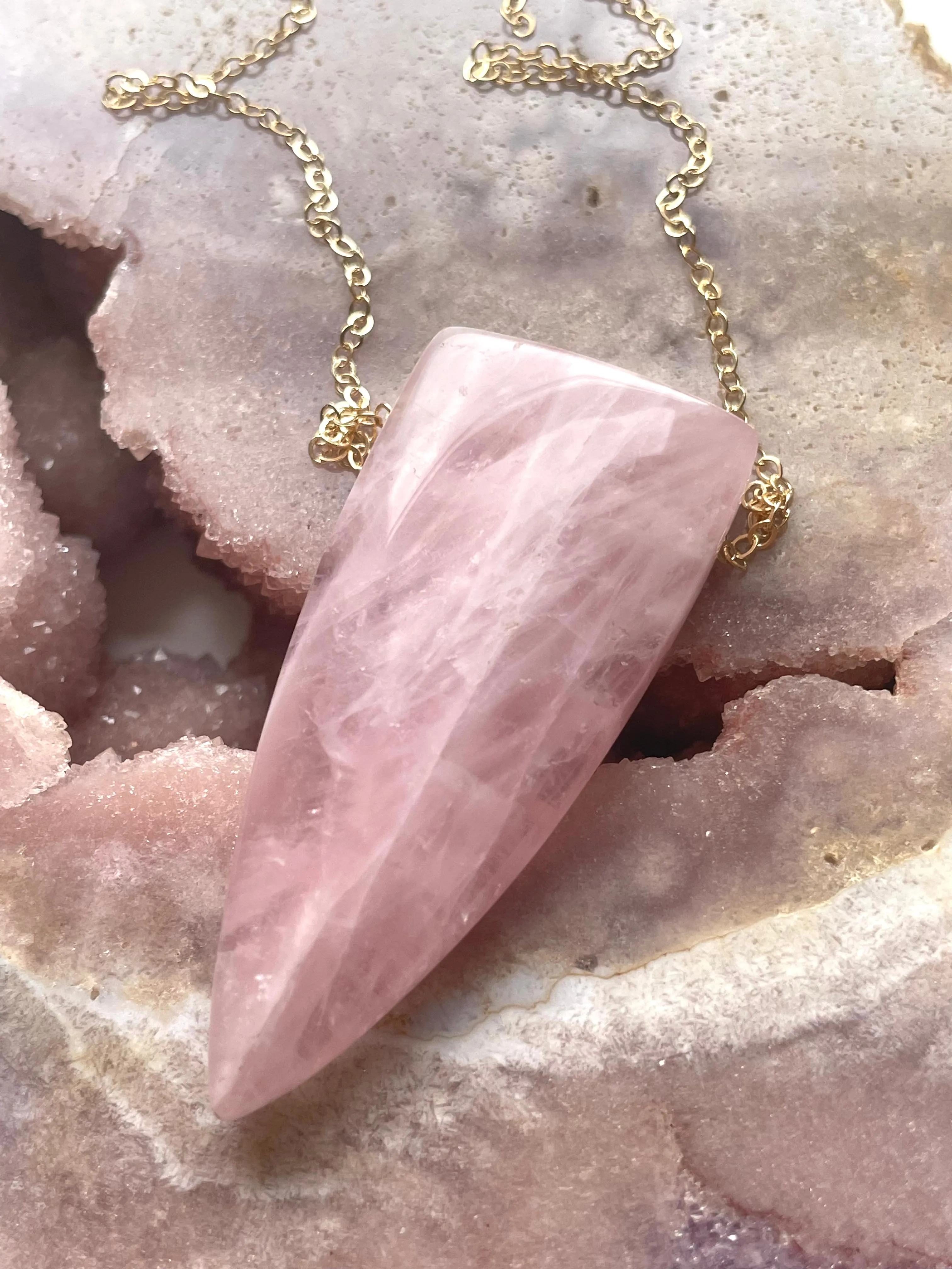 Large Rose Quartz Dagger Necklace Gold Fill