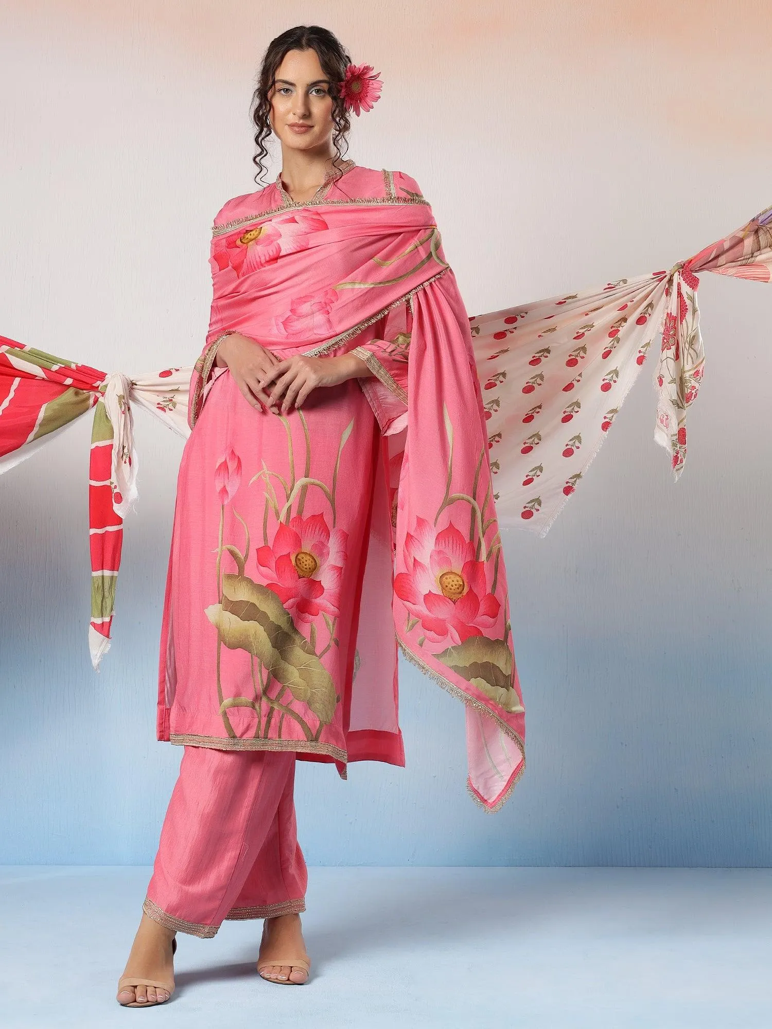 Leela Muslin Pink Floral Printed Kurta Set