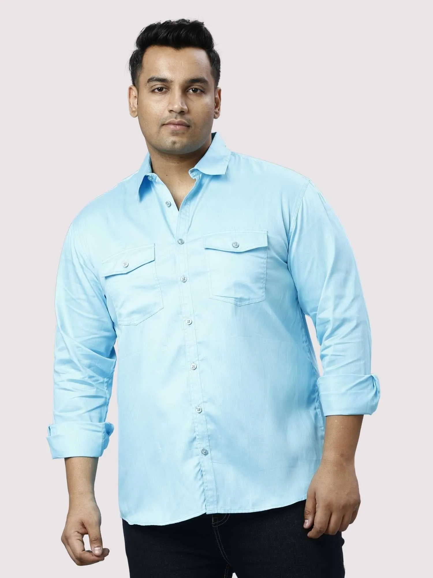 Light Blue Pure Cotton Double Pocket Full Sleeve Shirt Men's Plus Size