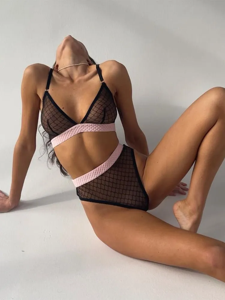 LoveMe Black-pink Mesh Bra Set