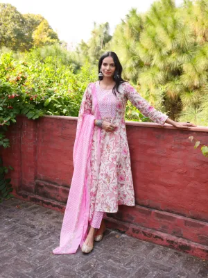 MADHUBAN - FLORAL PRINT PURE COTTON ANARKALI KURTA SET WITH MULMUL DUPATTA AND INTRICATE EMBROIDERY WORK