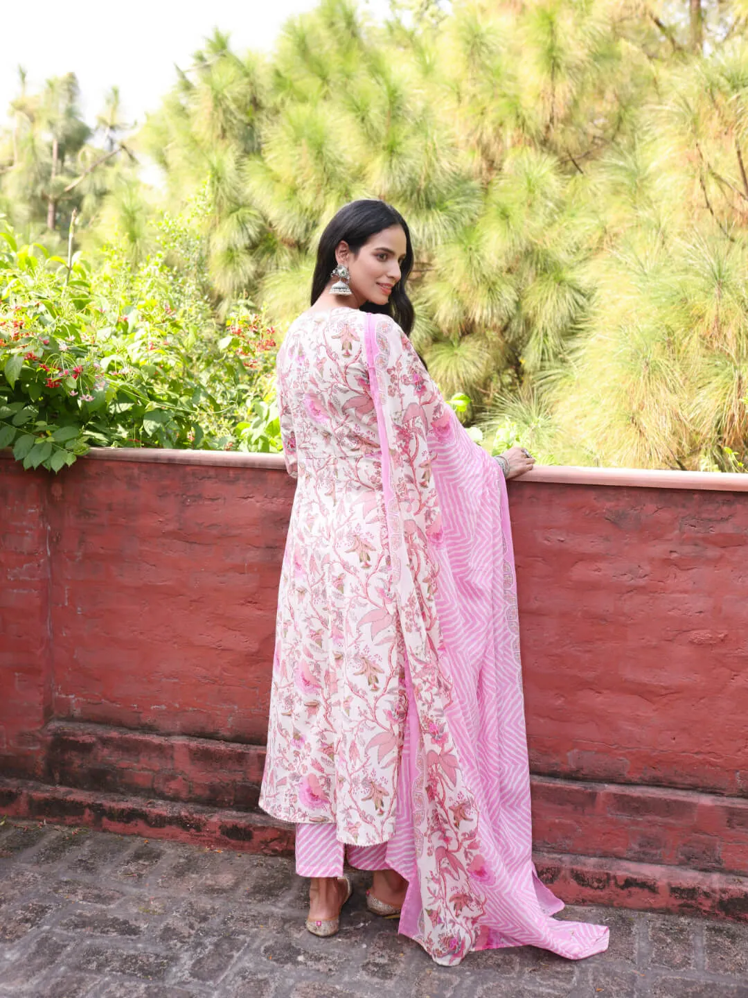 MADHUBAN - FLORAL PRINT PURE COTTON ANARKALI KURTA SET WITH MULMUL DUPATTA AND INTRICATE EMBROIDERY WORK