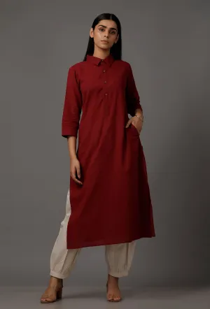 Maroon Pure Woven Cotton Kurta