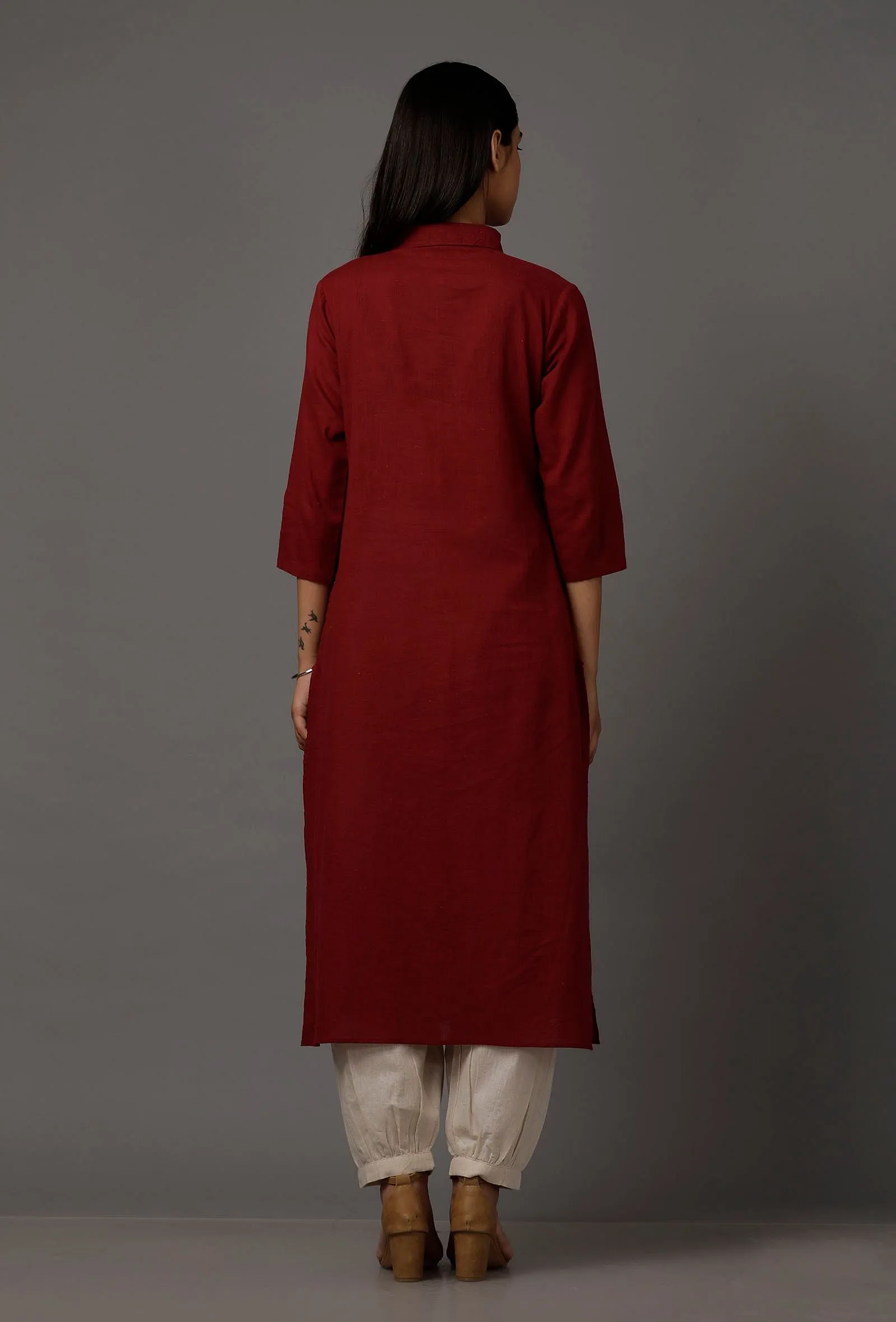 Maroon Pure Woven Cotton Kurta