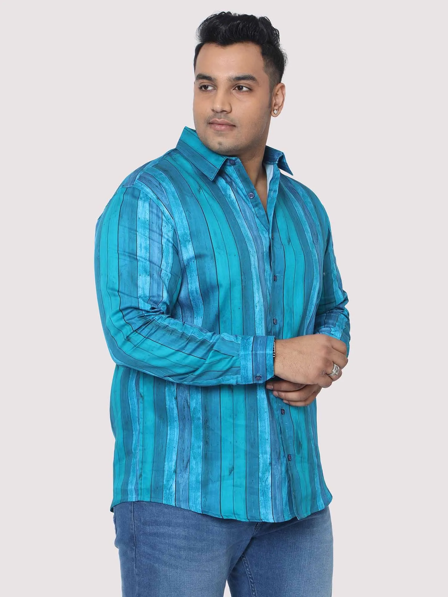 Men Plus Size Deep Blue Striped Digital Printed Full Shirt