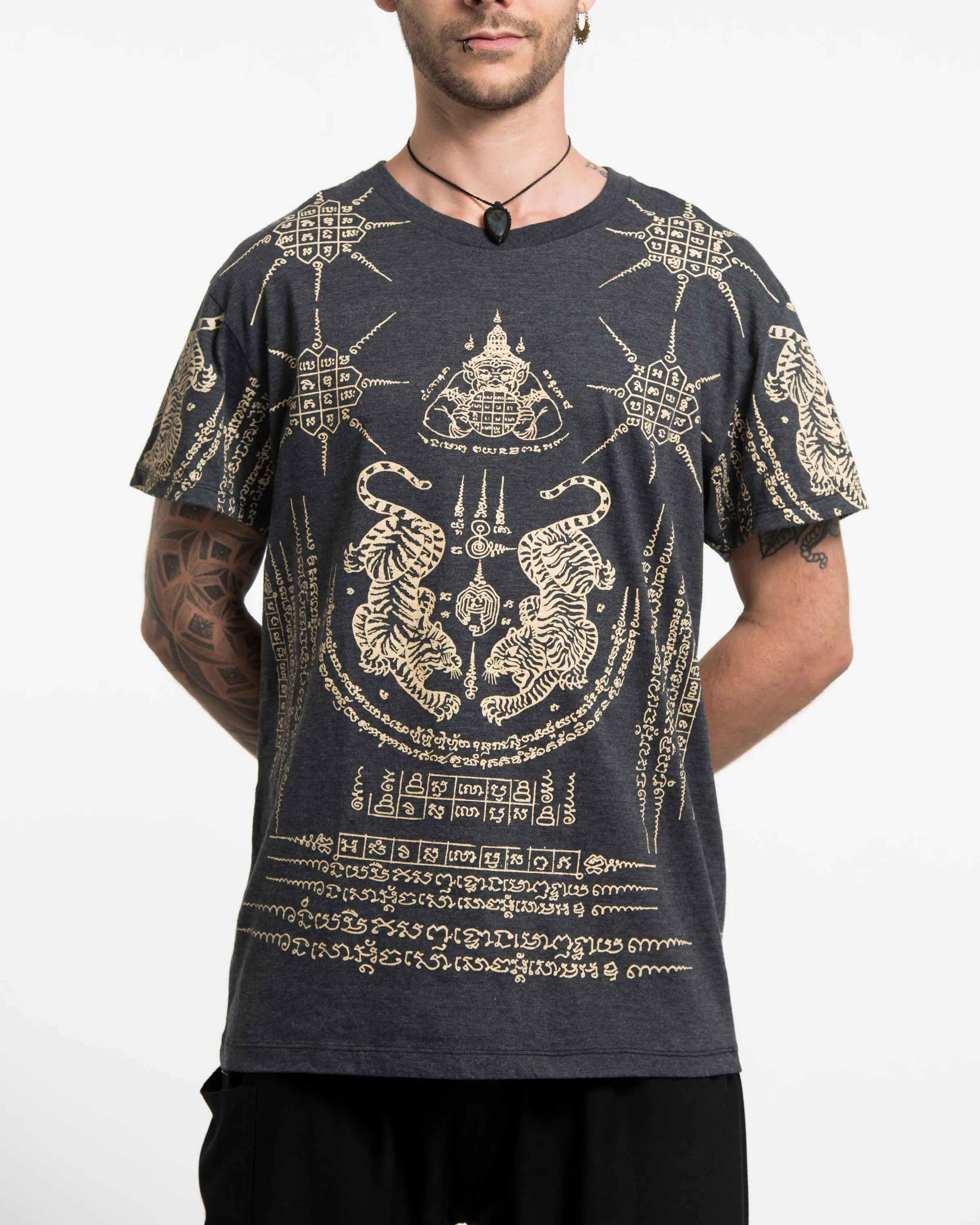 Mens Twin Tigers Tattoo T-Shirt in Black