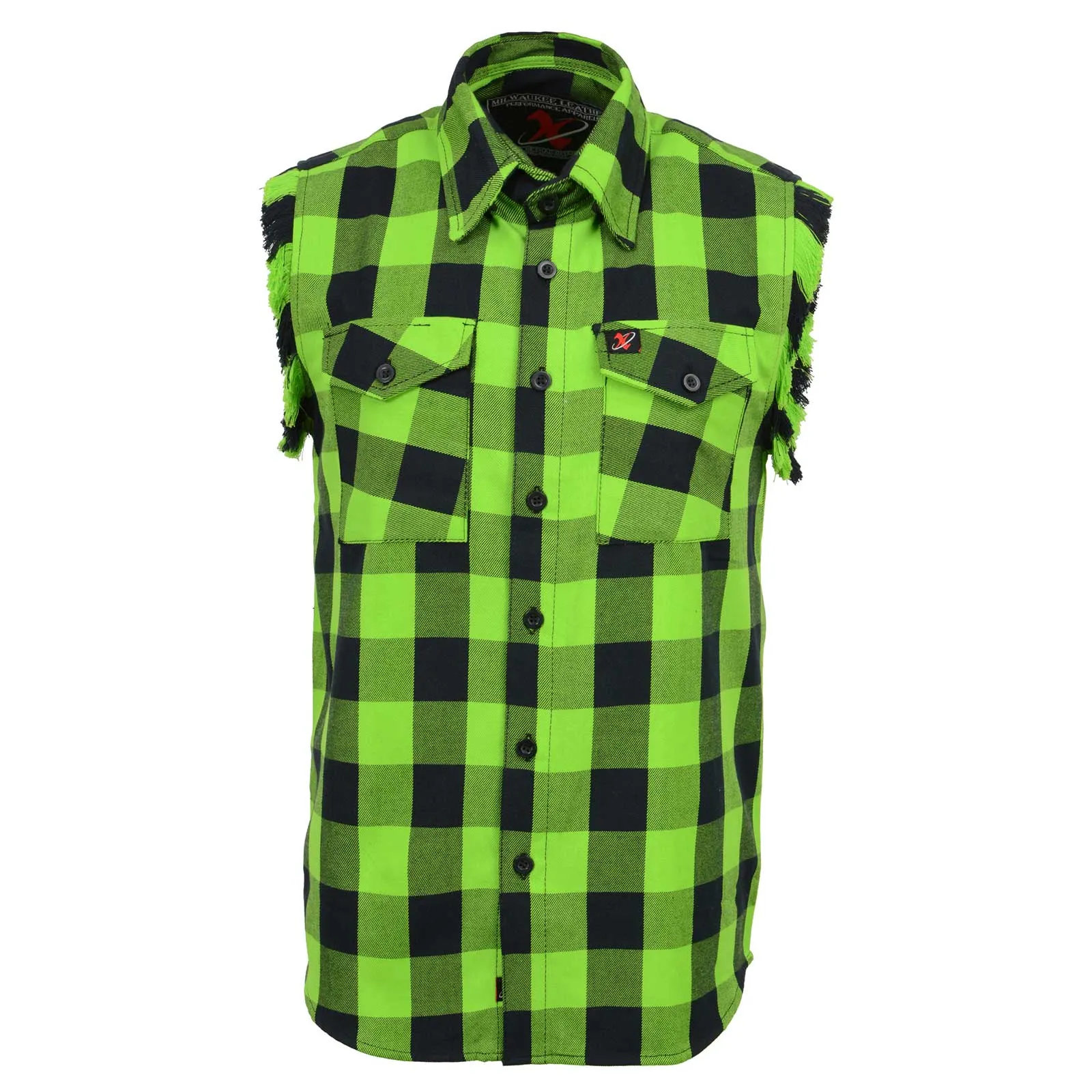 Milwaukee Leather MNG11691 Men’s Classic Black and Green Button-Down Flannel Cut Off Frayed Sleeveless Casual Shirt