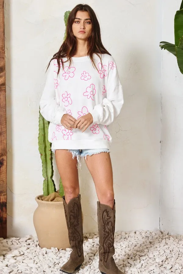 Mineral Washed Floral Printed Sweatshirt