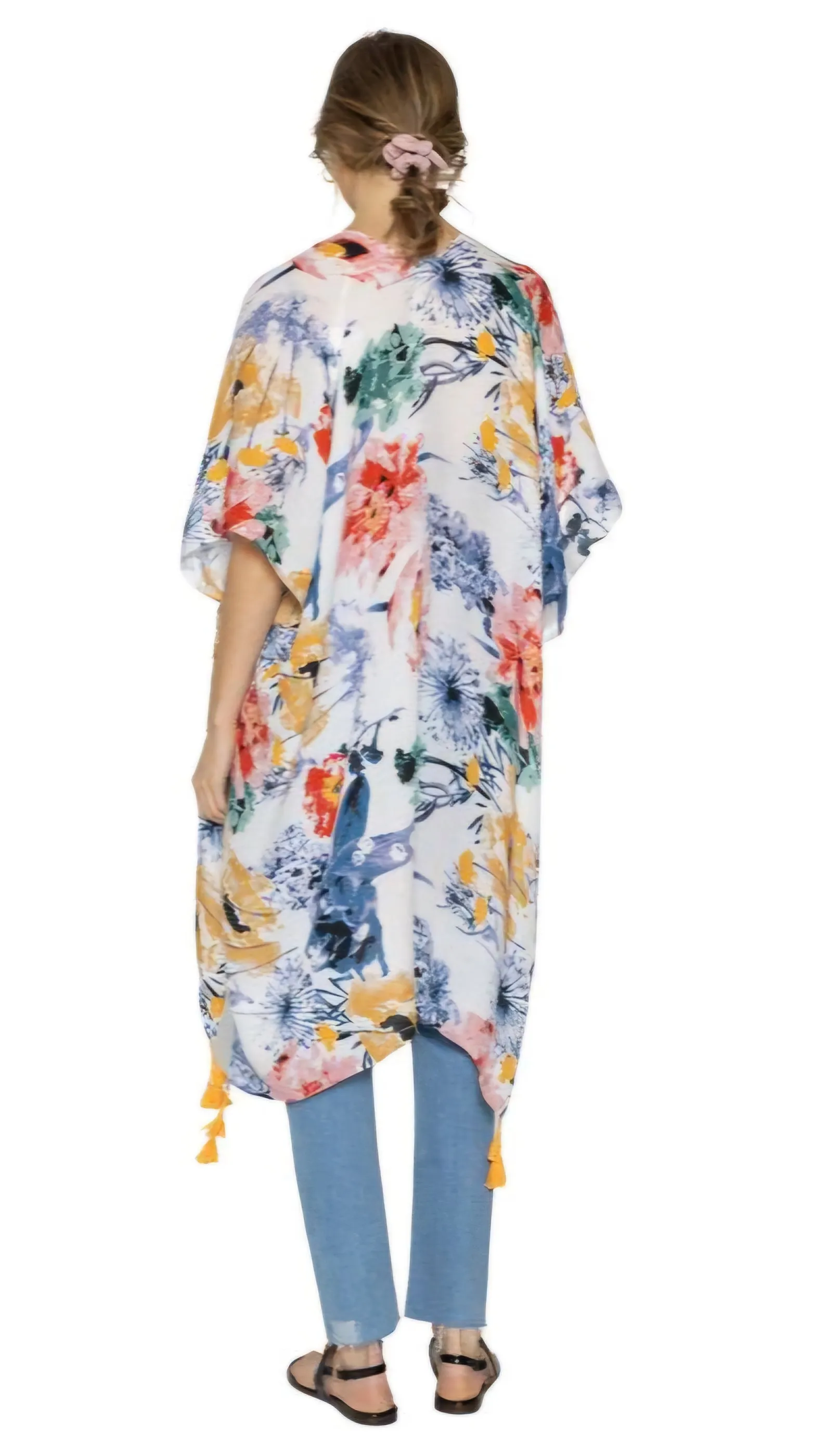 Multi Color Floral Print Tassel Kimono