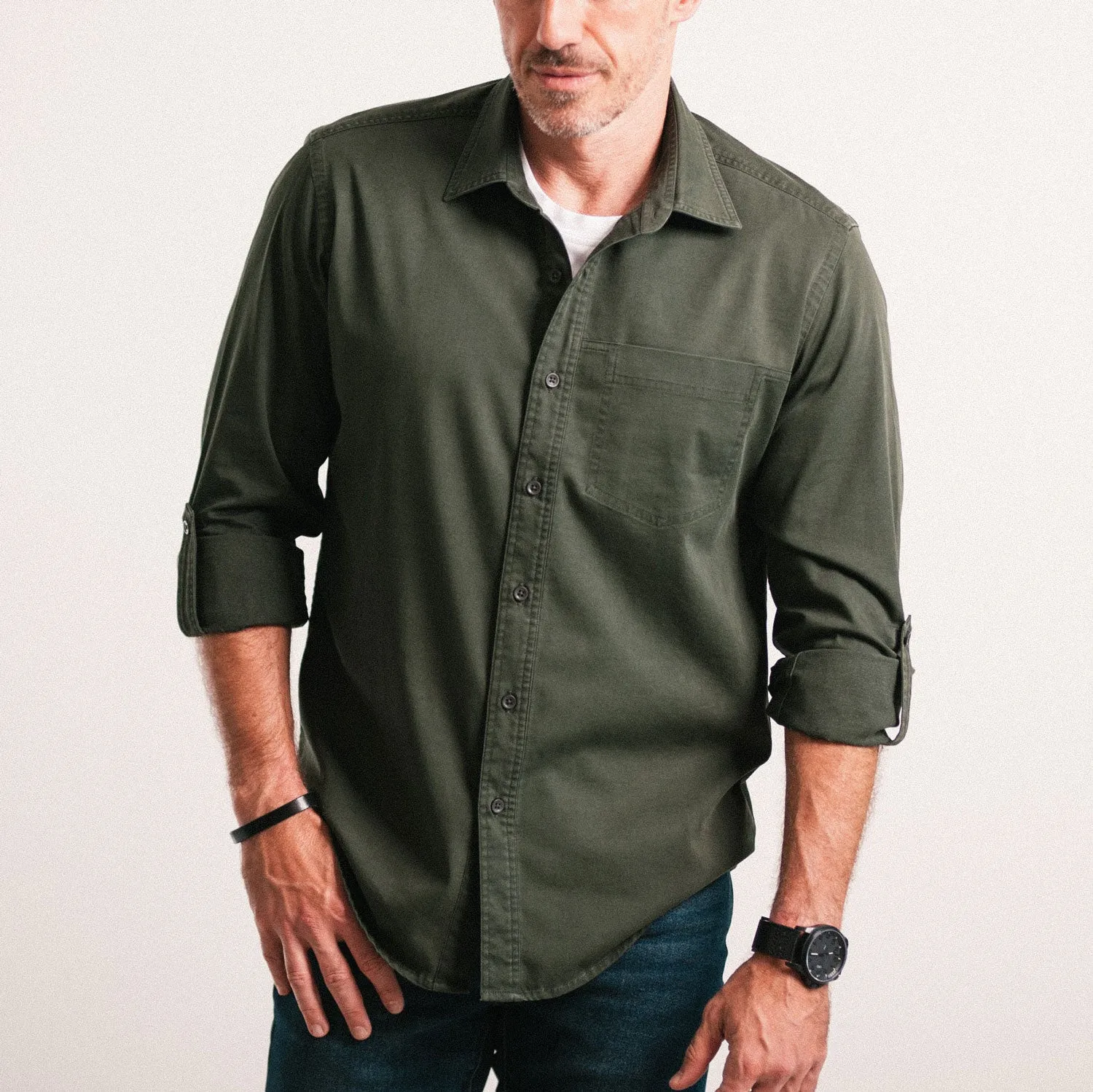 Myers Casual Shirt – Olive Green Cotton Stretch Twill