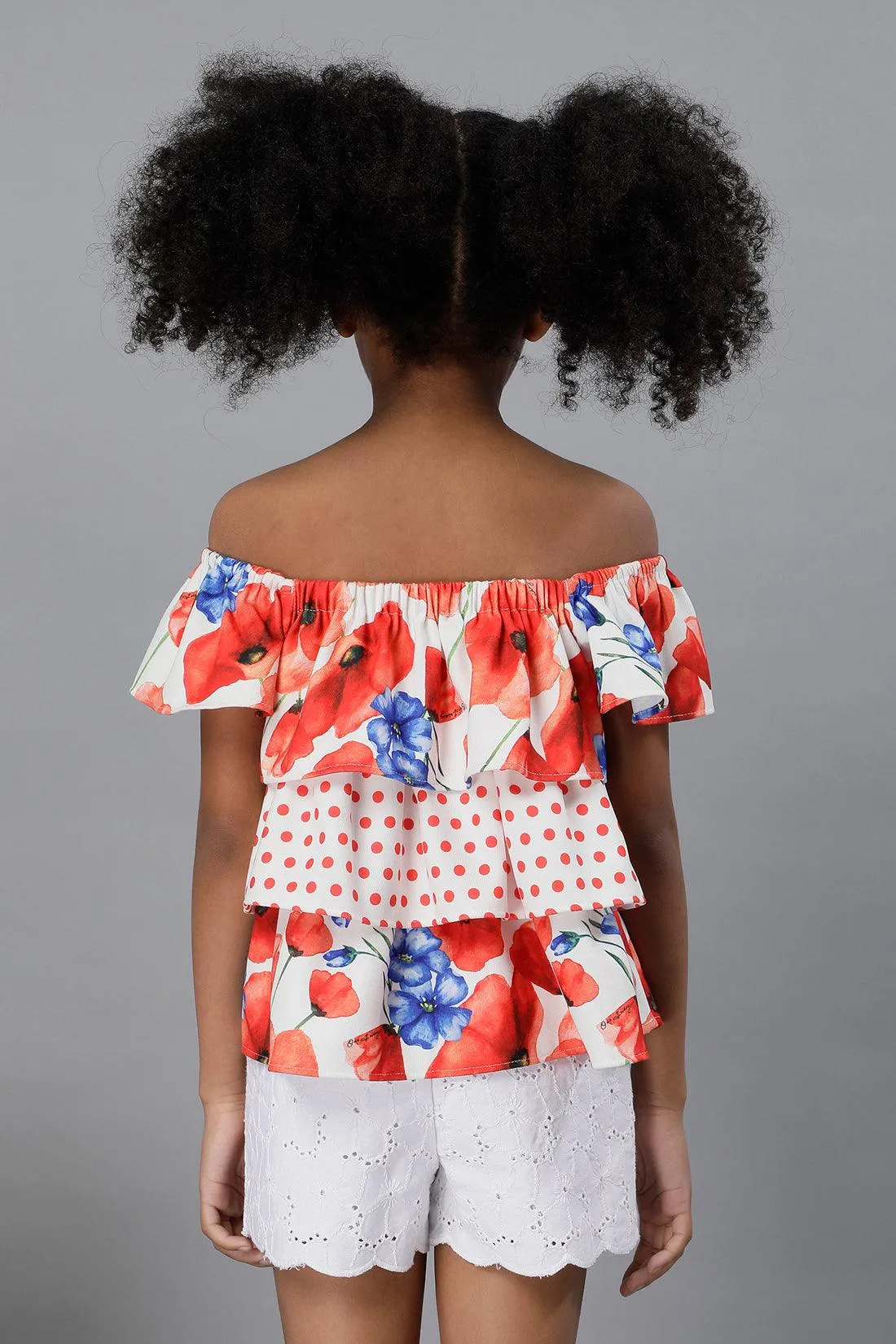 One Friday Kids Girls Floral Printed Off Shoulder Top With Frills