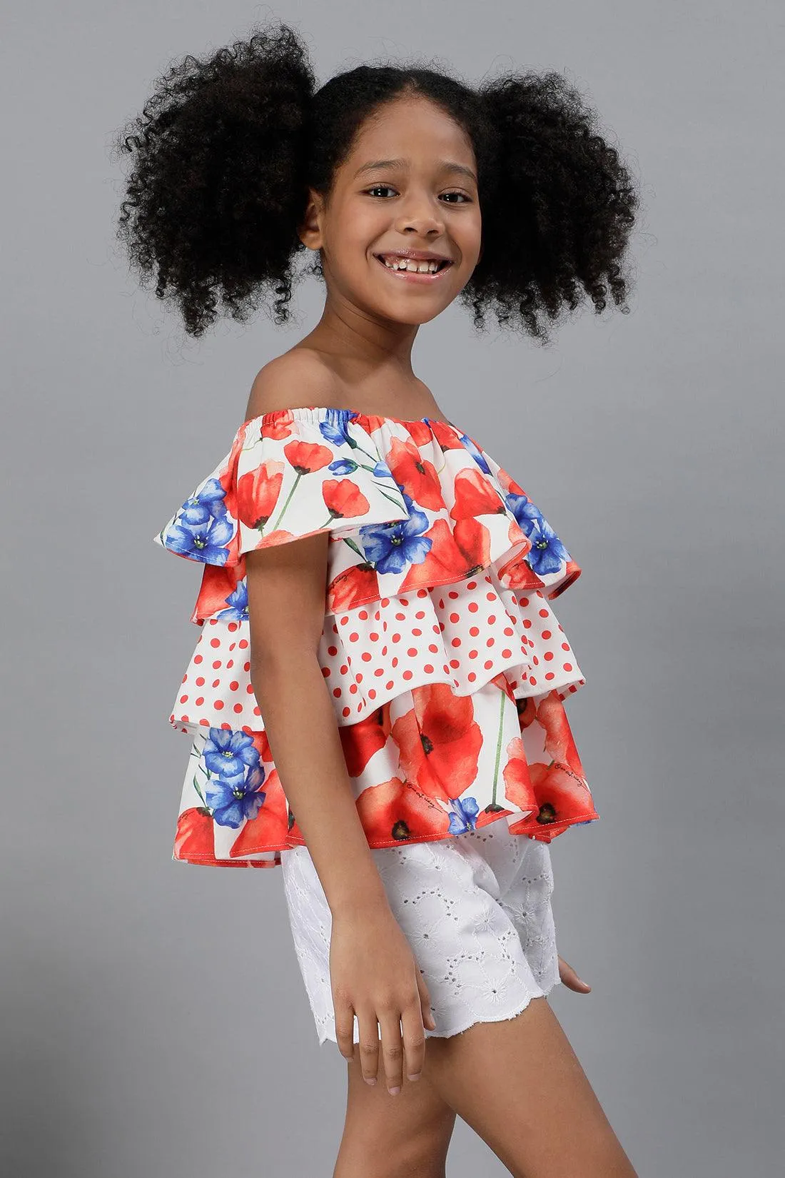 One Friday Kids Girls Floral Printed Off Shoulder Top With Frills