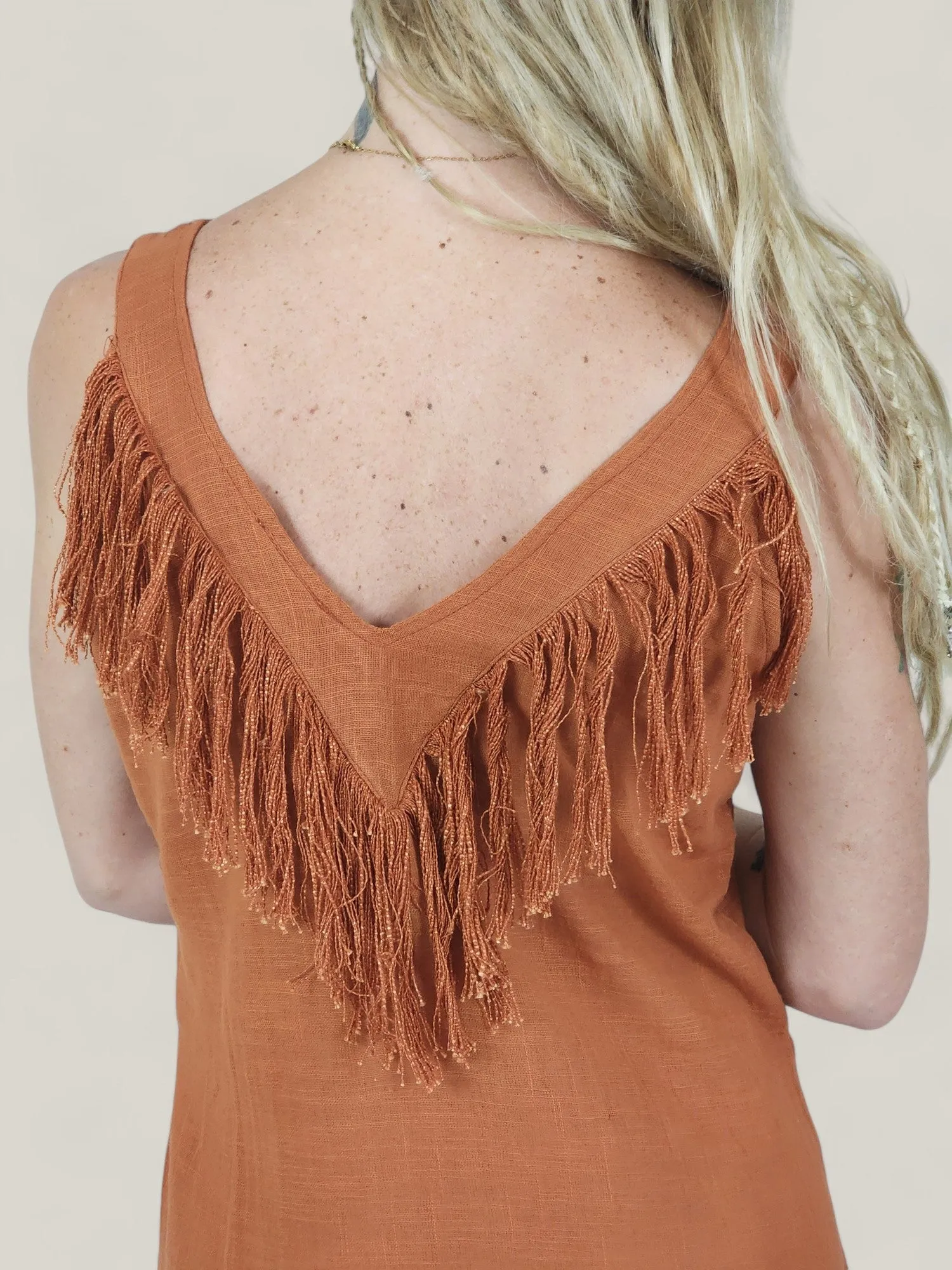 Orange Organic Linen Mini Dress with Fringe