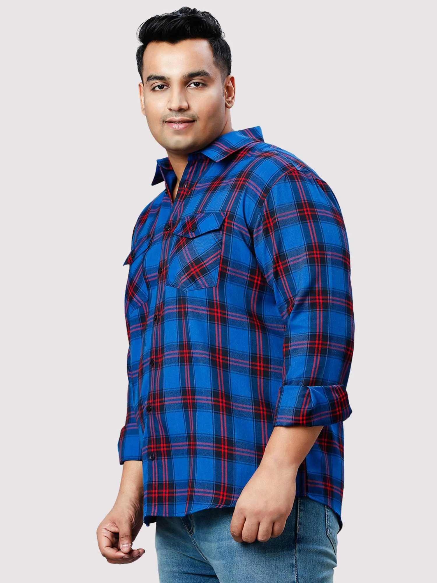 Red and Blue Checkered Double Pocket Full Shirt Men's Plus Size