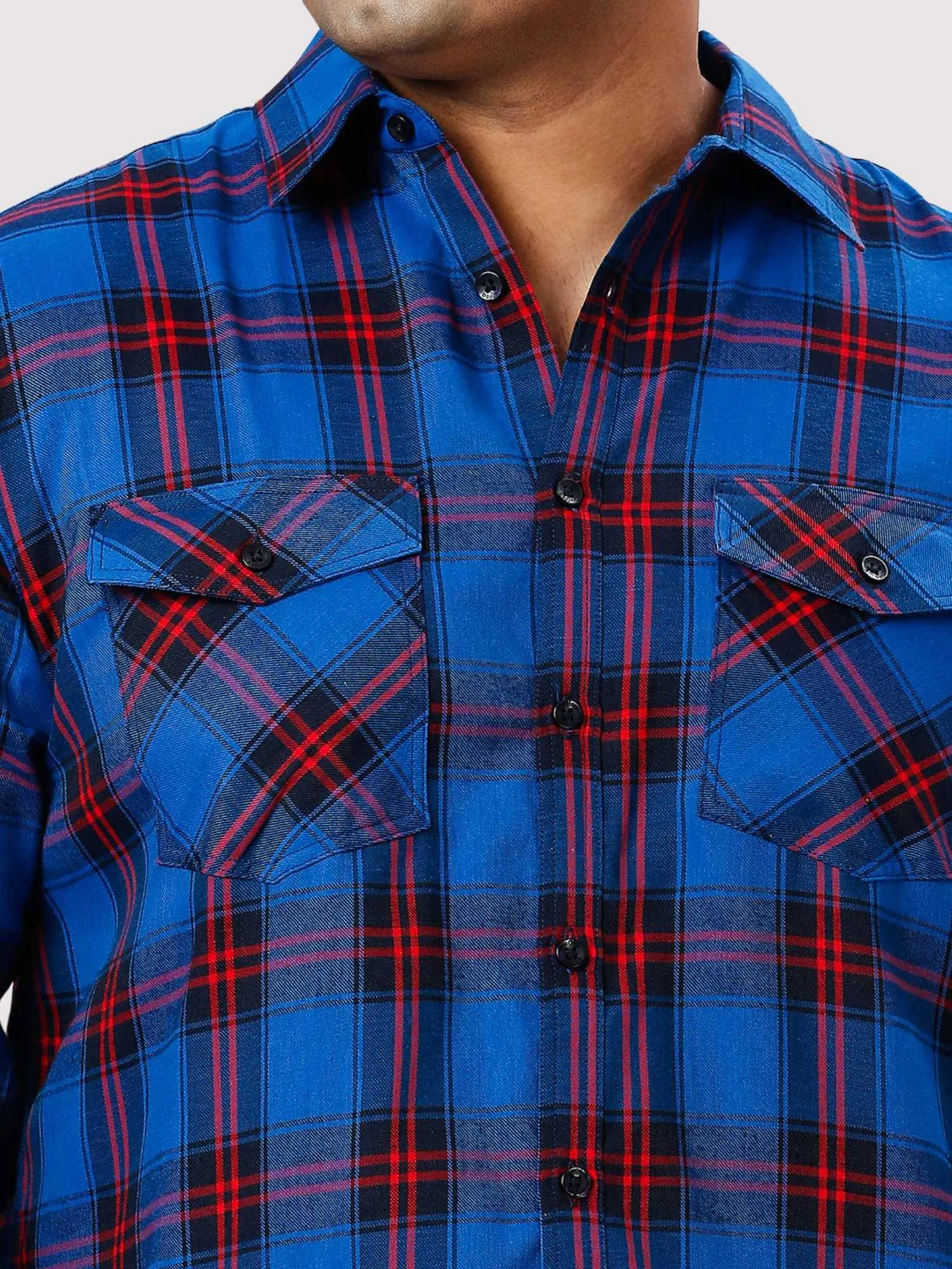 Red and Blue Checkered Double Pocket Full Shirt Men's Plus Size