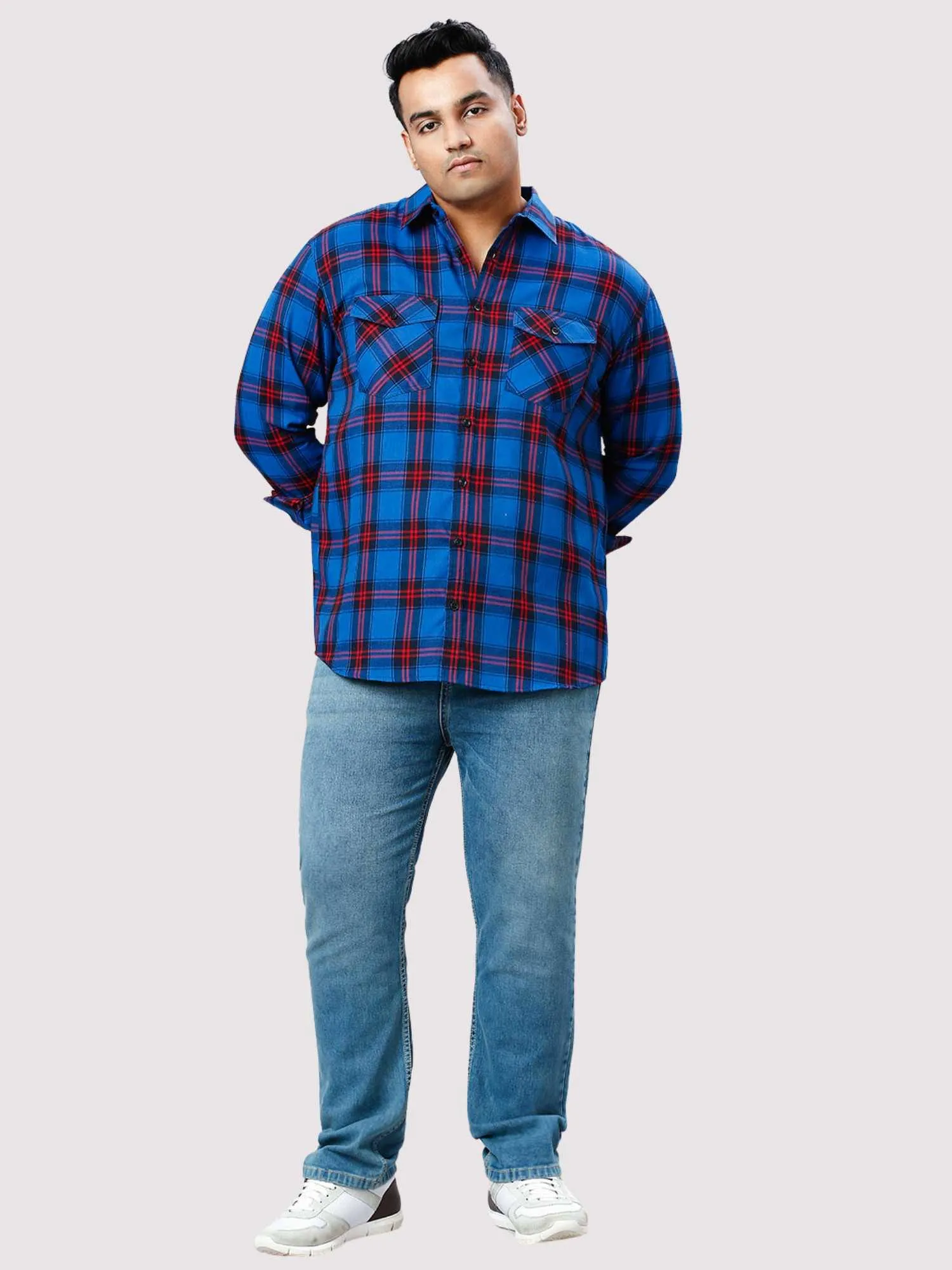 Red and Blue Checkered Double Pocket Full Shirt Men's Plus Size