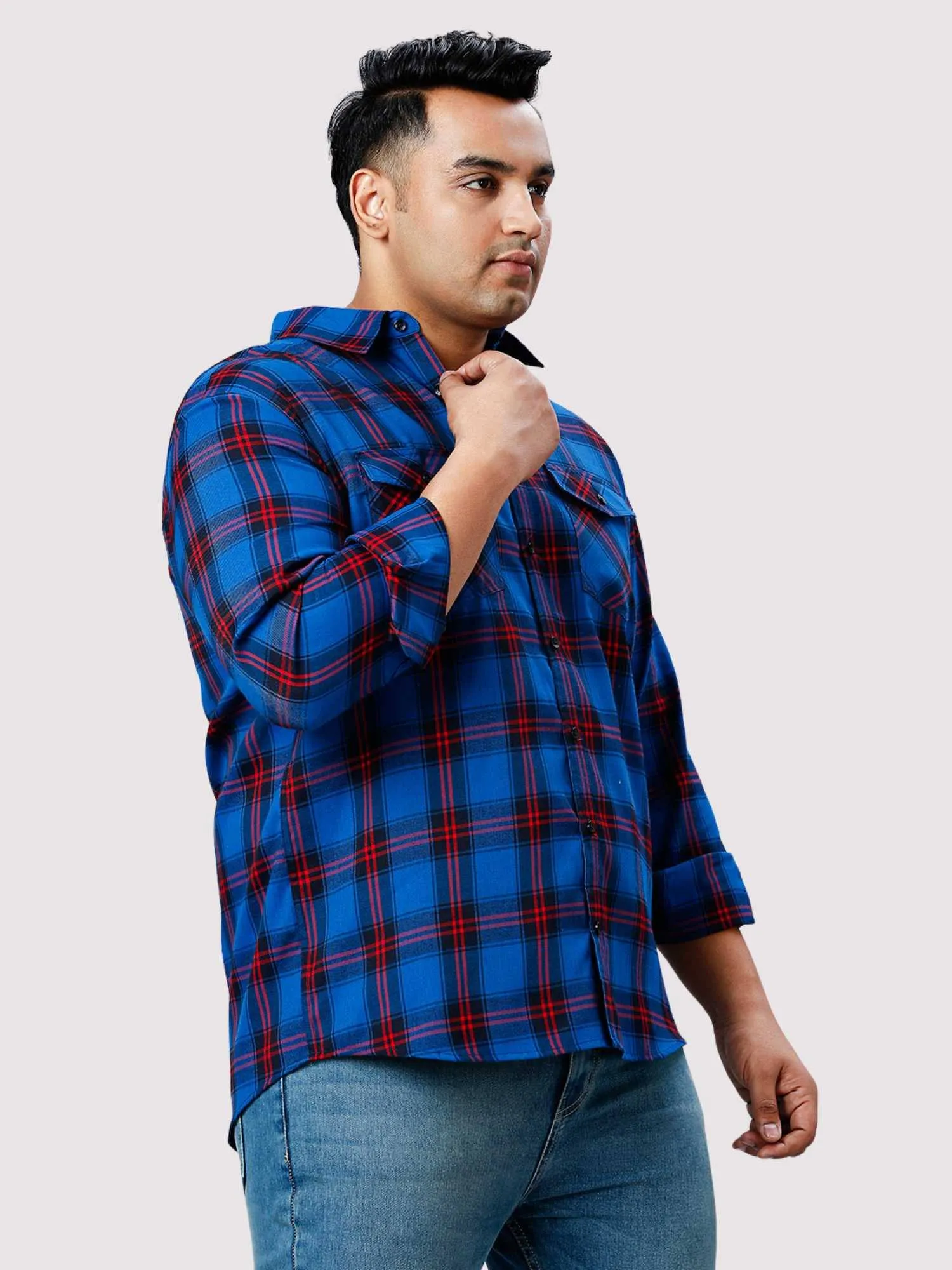 Red and Blue Checkered Double Pocket Full Shirt Men's Plus Size