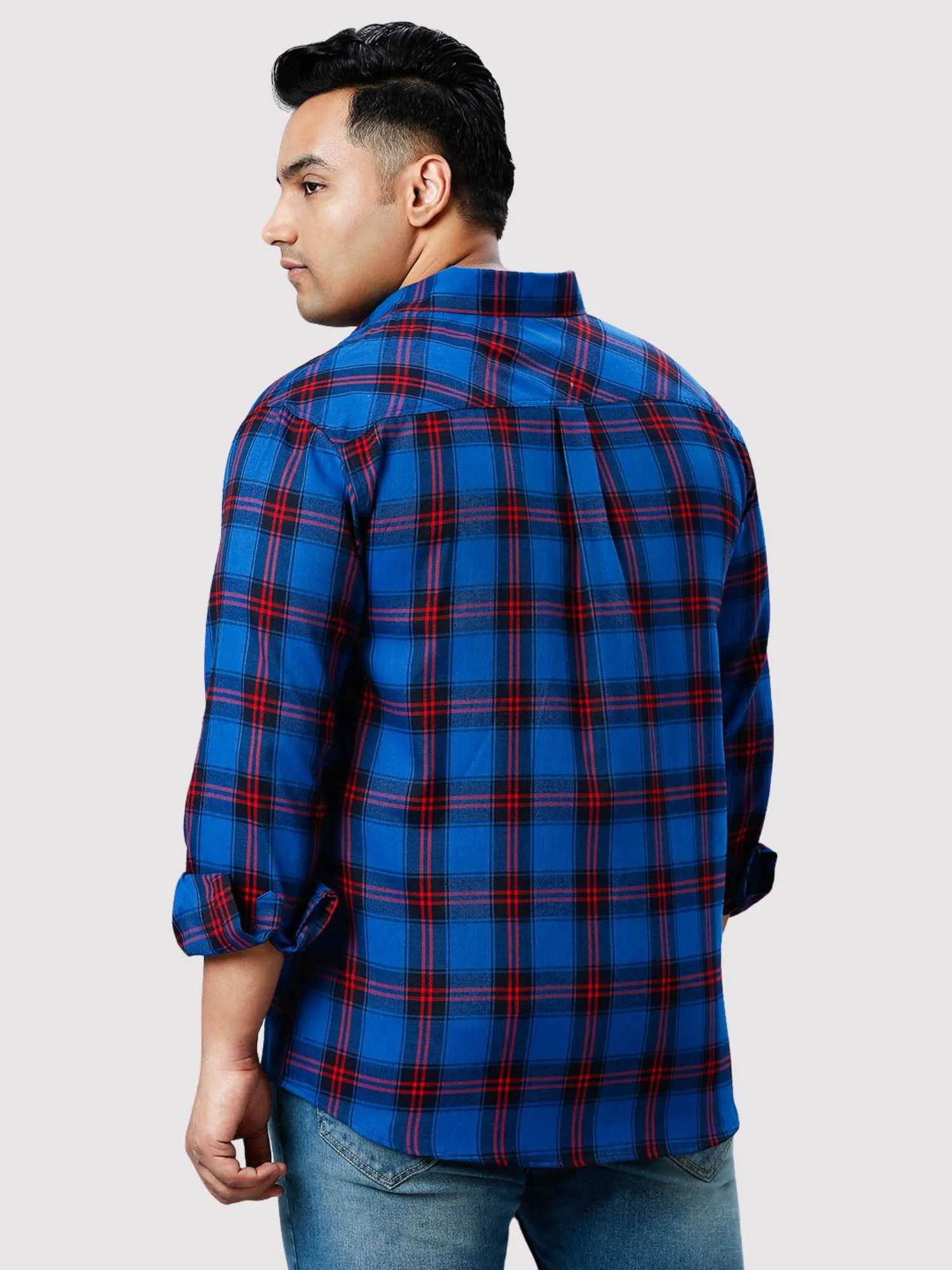 Red and Blue Checkered Double Pocket Full Shirt Men's Plus Size