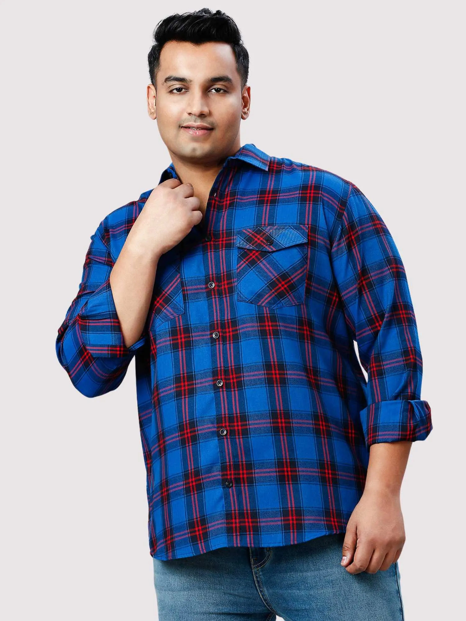 Red and Blue Checkered Double Pocket Full Shirt Men's Plus Size