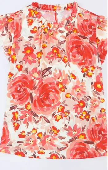 Red Watercolor Floral Print High Neck Blouse-Plus