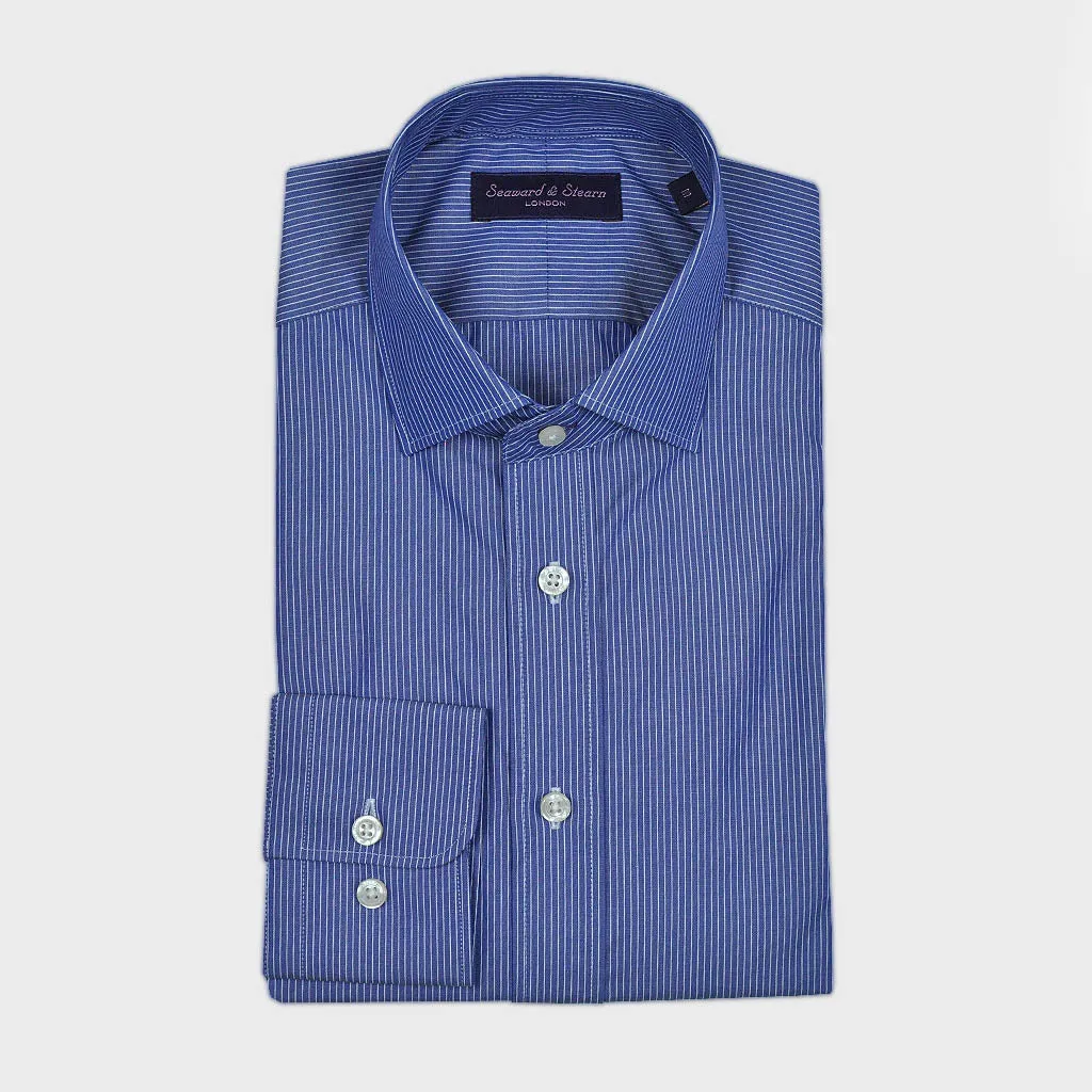 Spread Collar Blue Hairline Stripe Cotton Shirt