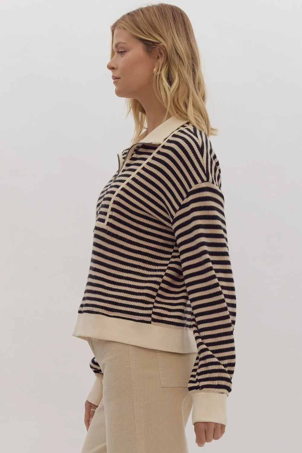 Striped long sleeve half-zip pullover top