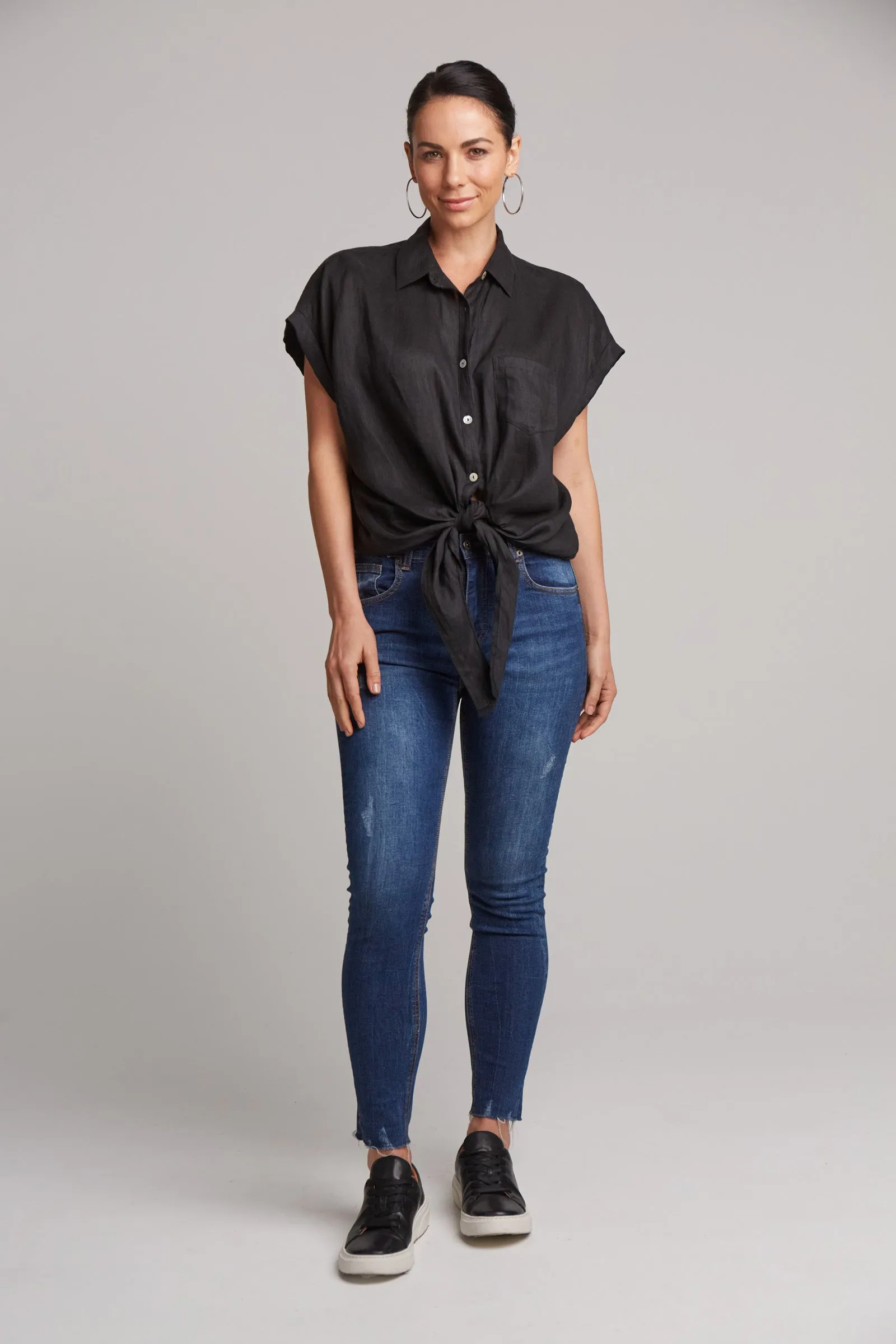 Studio Tie Front Linen Shirt - Black