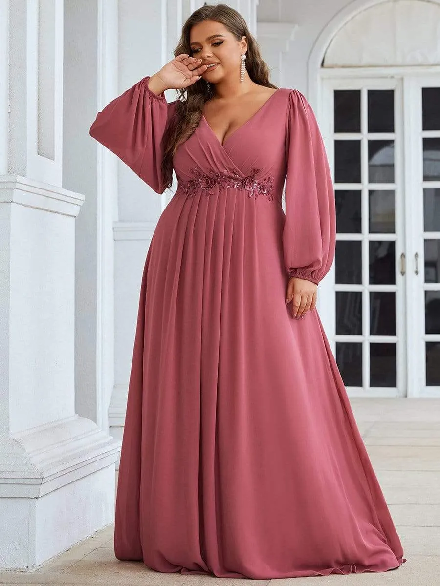 Stylish Chiffon Plus Size Evening Dresses with Long Lantern Sleeves