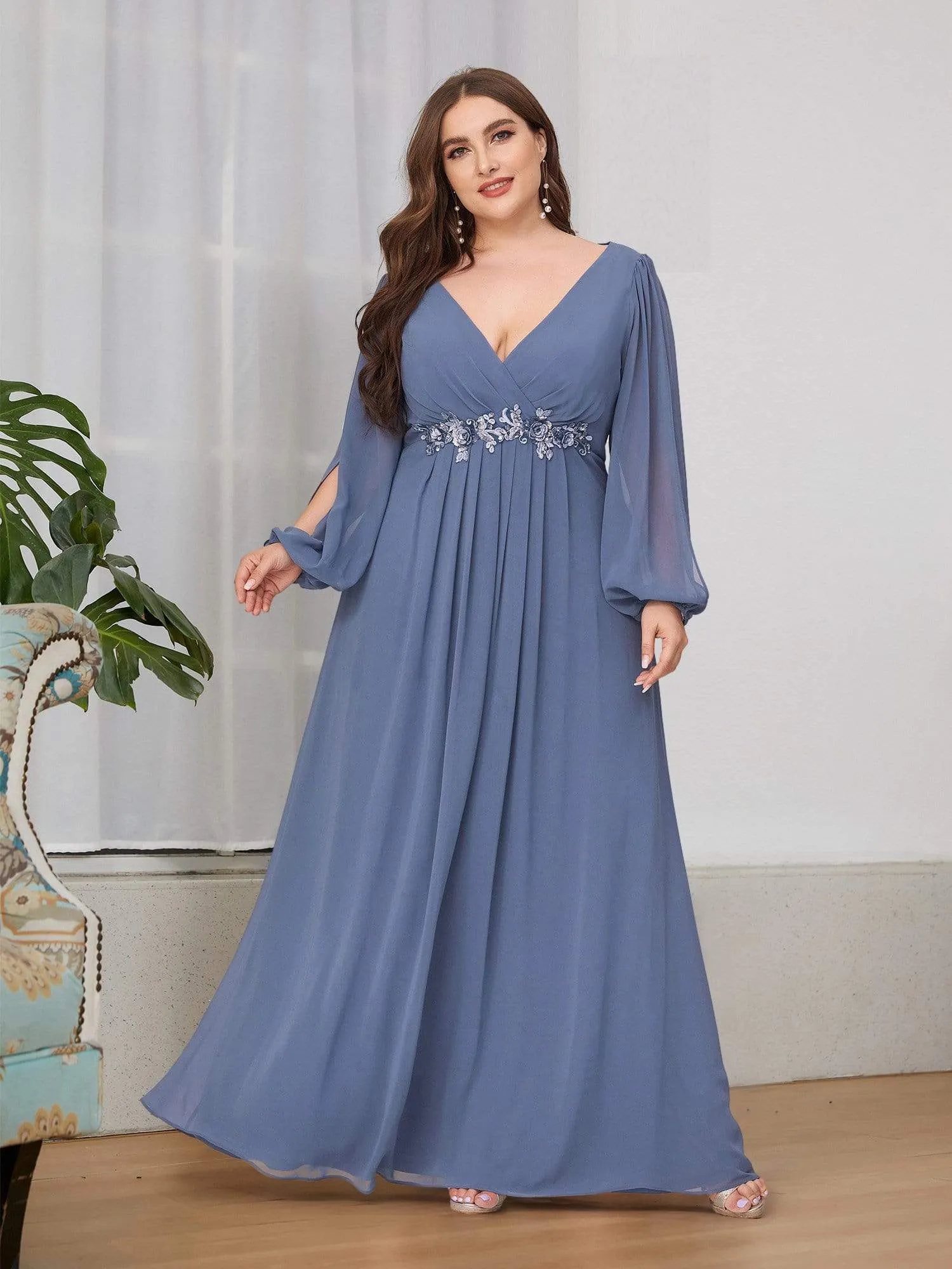 Stylish Chiffon Plus Size Evening Dresses with Long Lantern Sleeves