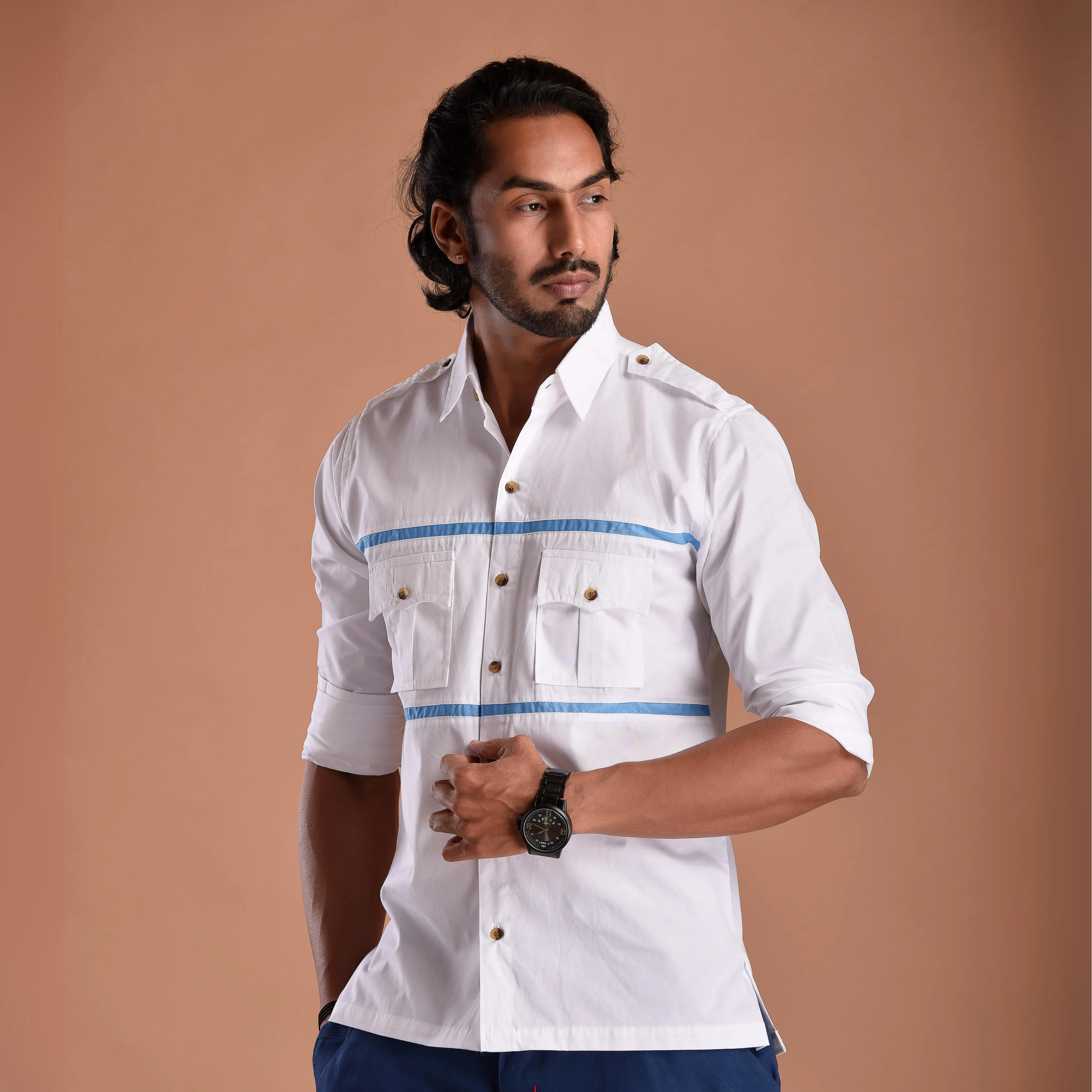 Stylish White Hunting Shirt with Blue Strip