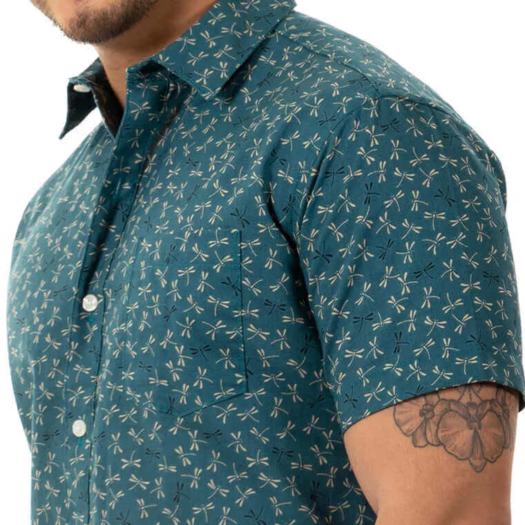 TEDDY Short Sleeve Shirt in Teal Green Japanese Dragonfly Print