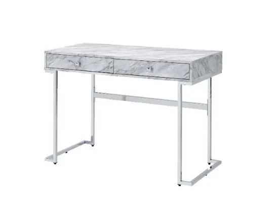 Tigress - Writing Desk - White Printed Faux Marble & Chrome Finish