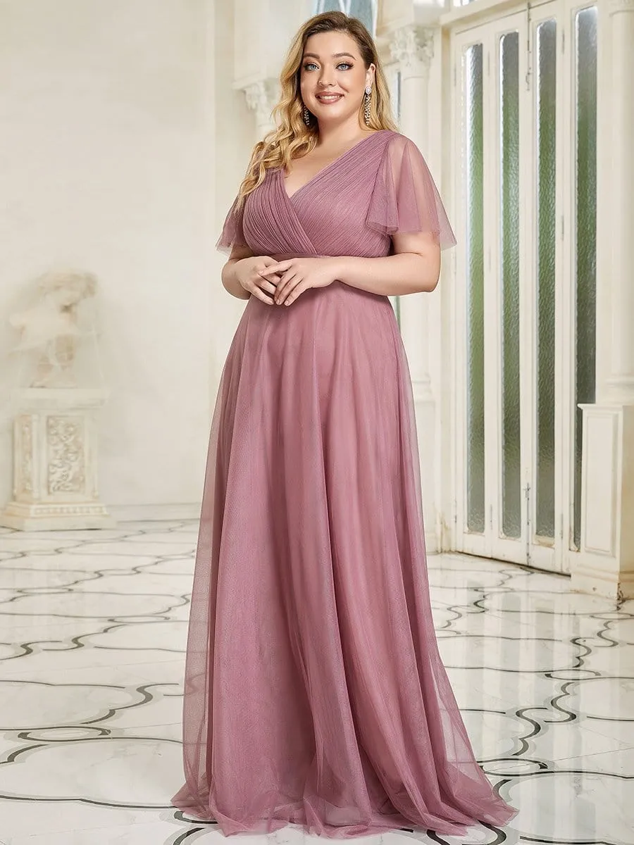 Women's Floor-Length Plus Size Bridesmaid Dress with Short Sleeve