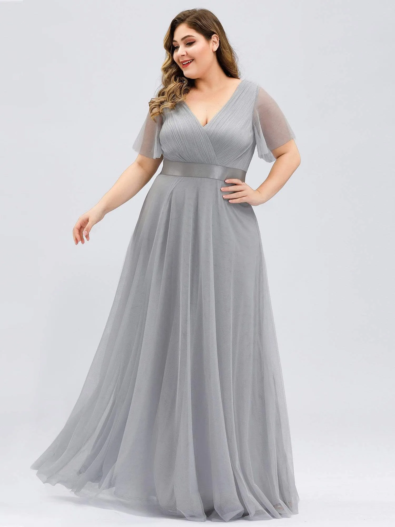 Women's Floor-Length Plus Size Bridesmaid Dress with Short Sleeve