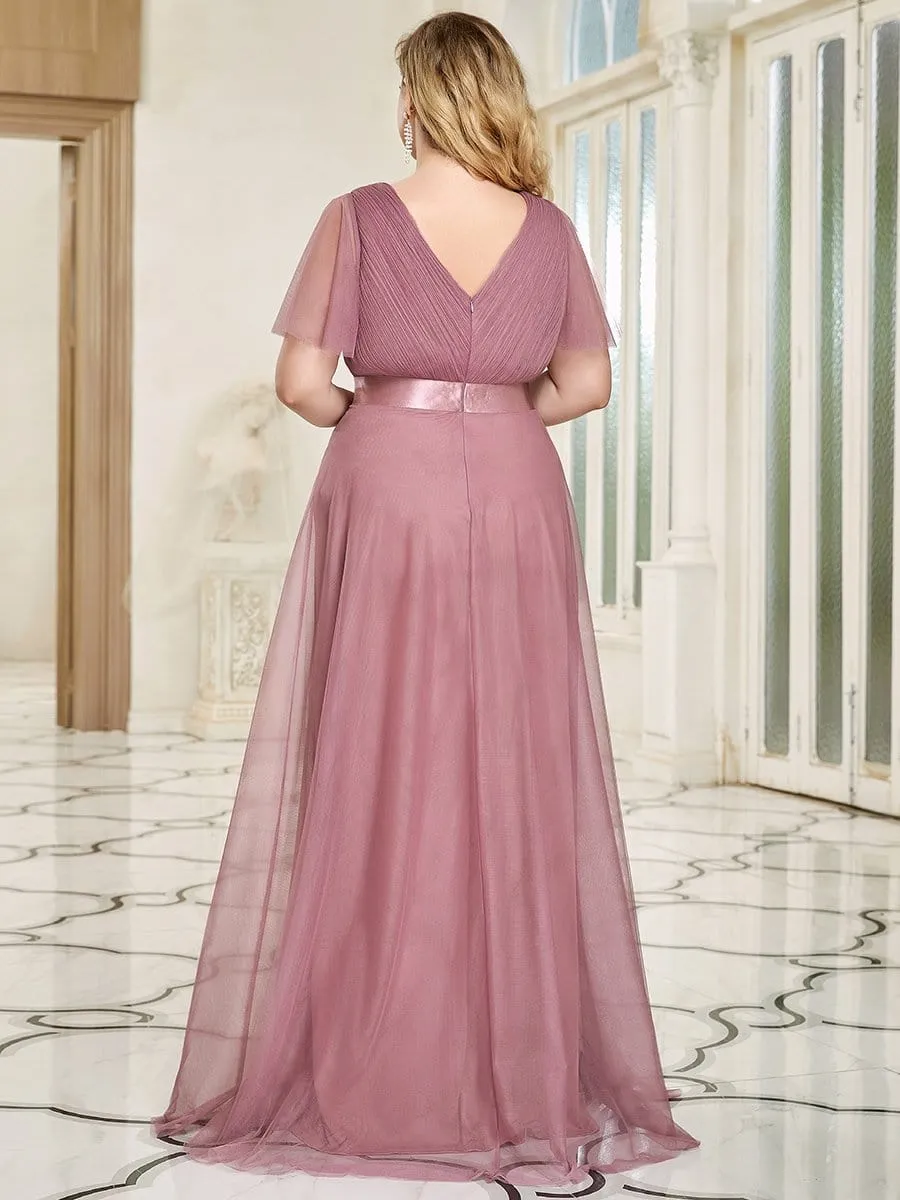 Women's Floor-Length Plus Size Bridesmaid Dress with Short Sleeve