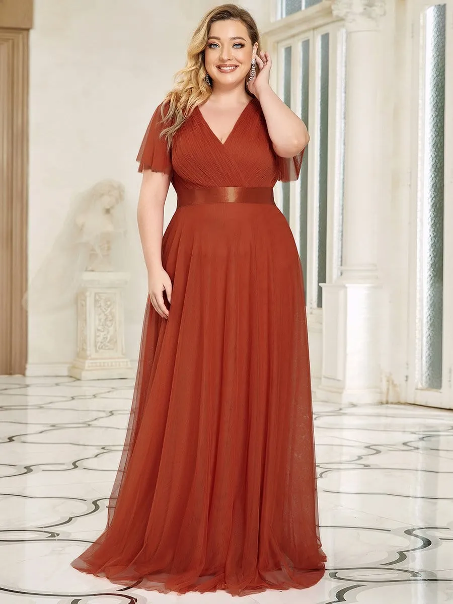 Women's Floor-Length Plus Size Bridesmaid Dress with Short Sleeve