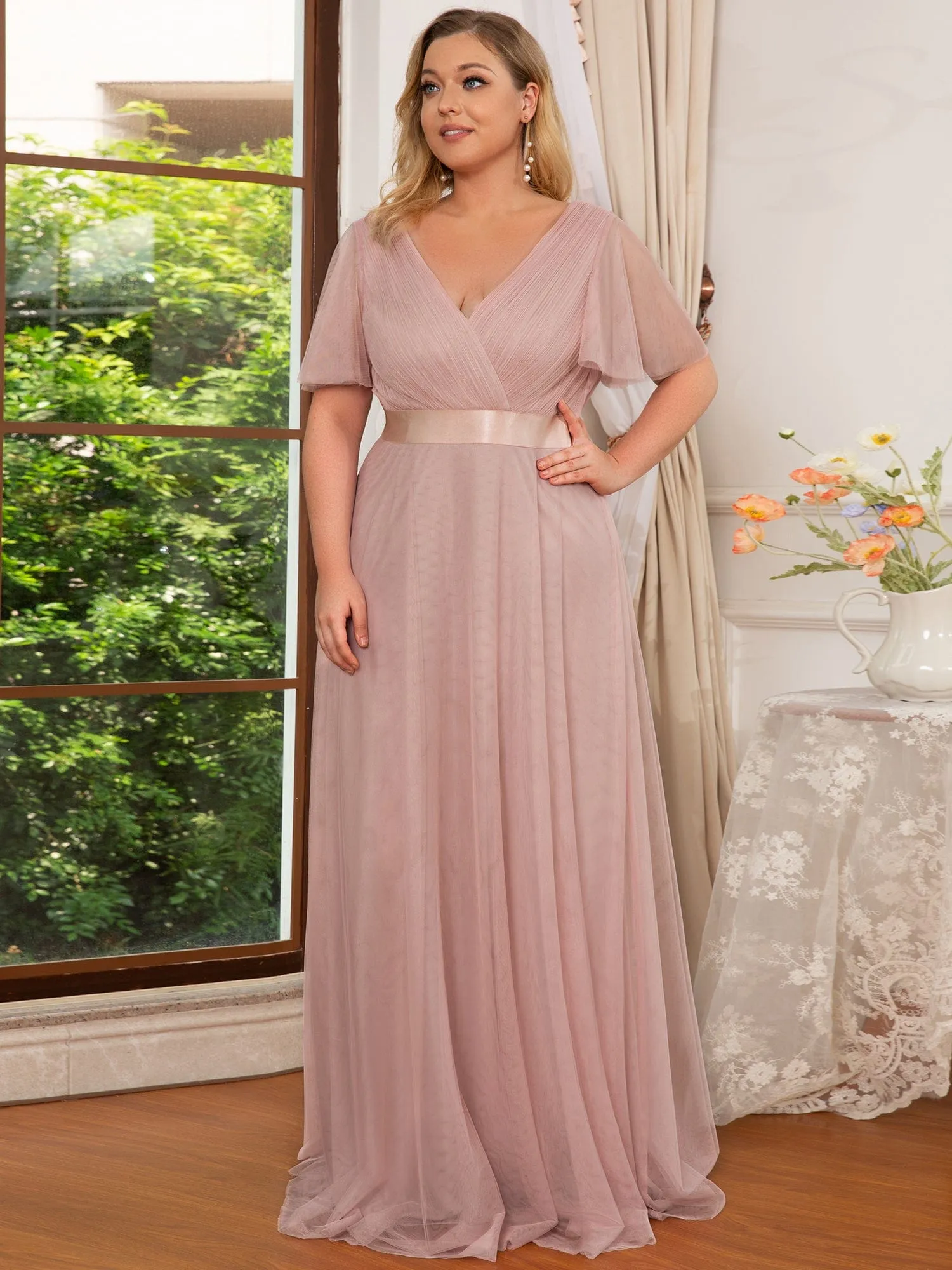 Women's Floor-Length Plus Size Bridesmaid Dress with Short Sleeve