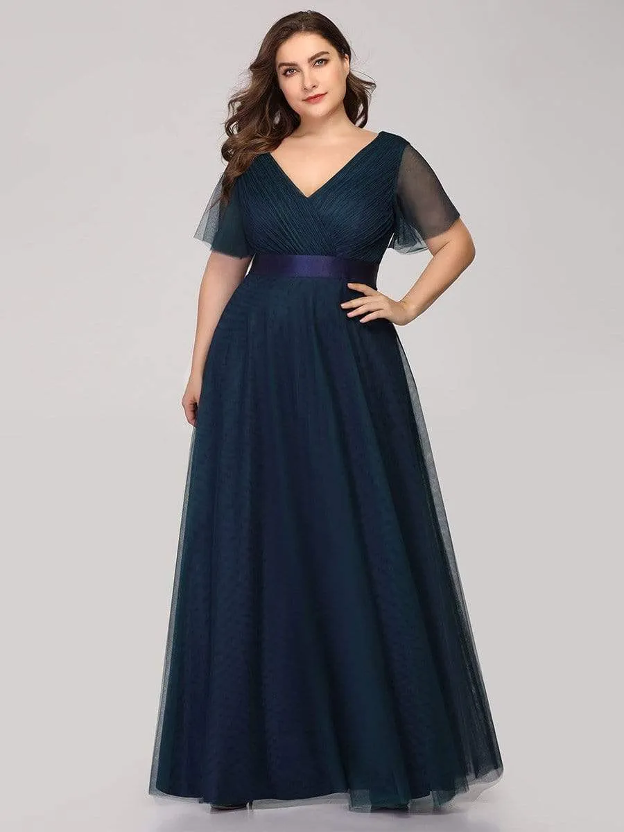 Women's Floor-Length Plus Size Bridesmaid Dress with Short Sleeve