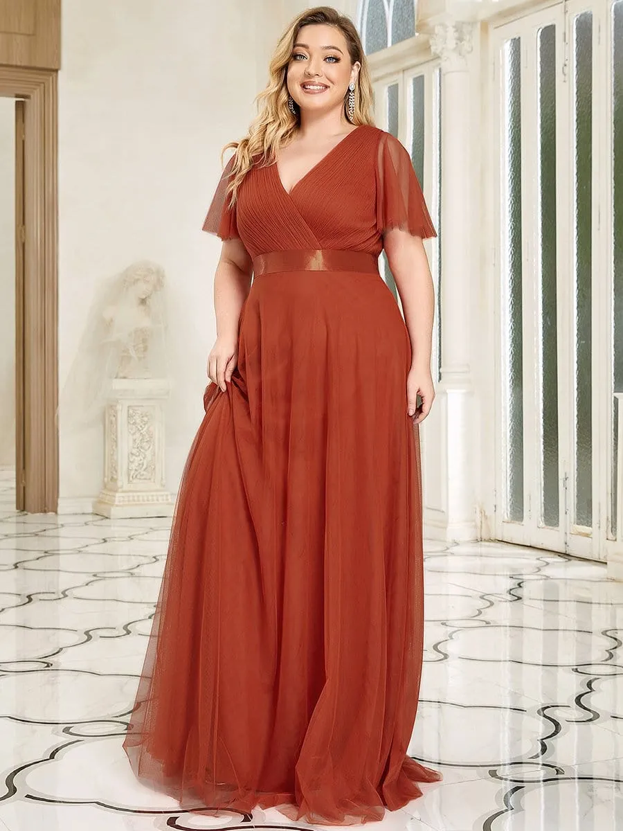 Women's Floor-Length Plus Size Bridesmaid Dress with Short Sleeve